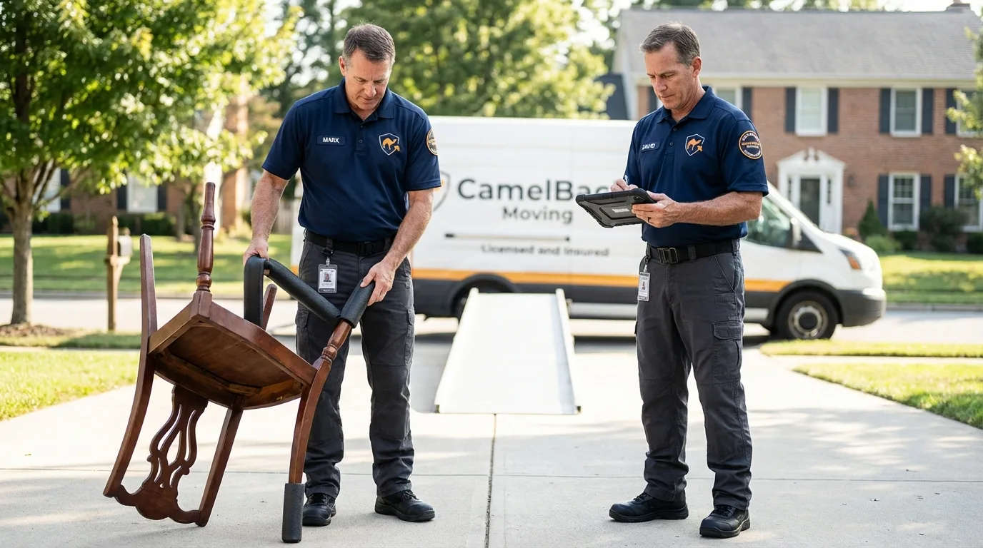 Movers inspecting furniture for damage prevention before loading in Owasso, OK